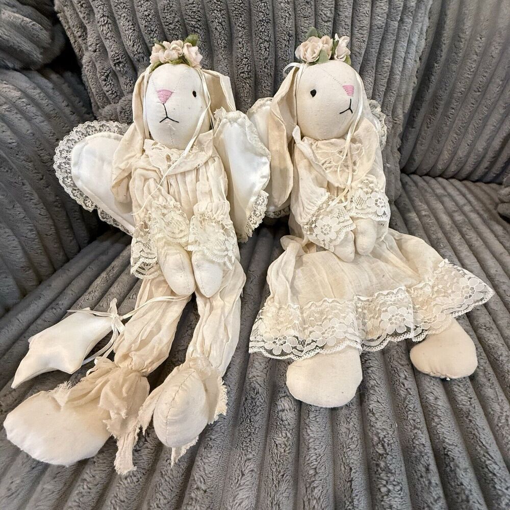 Vintage Handmade 17” Angel Bunnies Boy&Girl Muslin Eyelet Lace Wings Star 1990’s